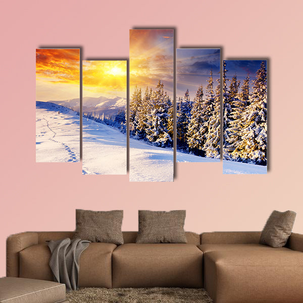 Majestic sunset in the winter mountains landscape, multi panel canvas wall art
