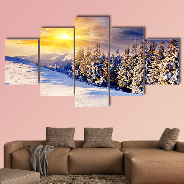 Majestic sunset in the winter mountains landscape, multi panel canvas wall art