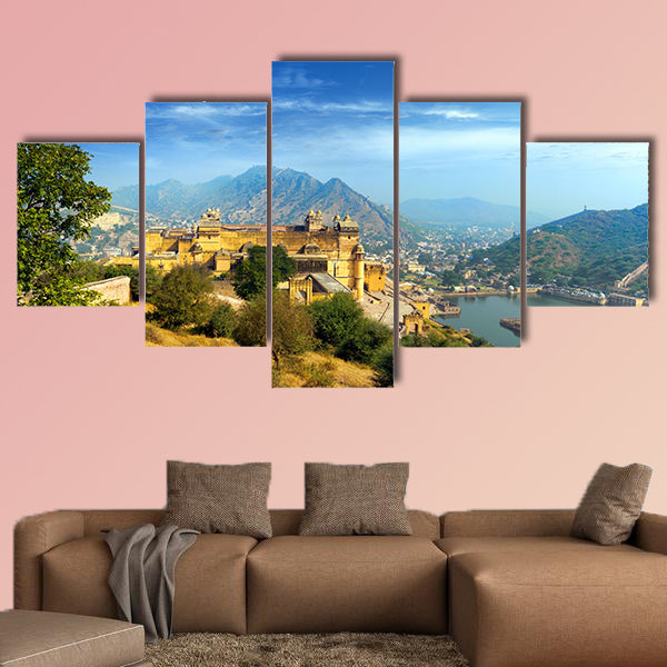 India Jaipur Amber fort in Rajasthan Ancient Indian palace multi panel canvas wall art