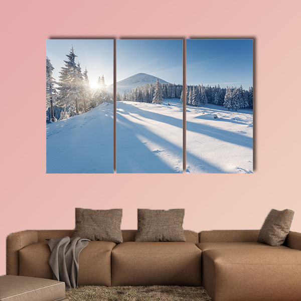 A frosty and sunny day is in mountains multi panel canvas wall art
