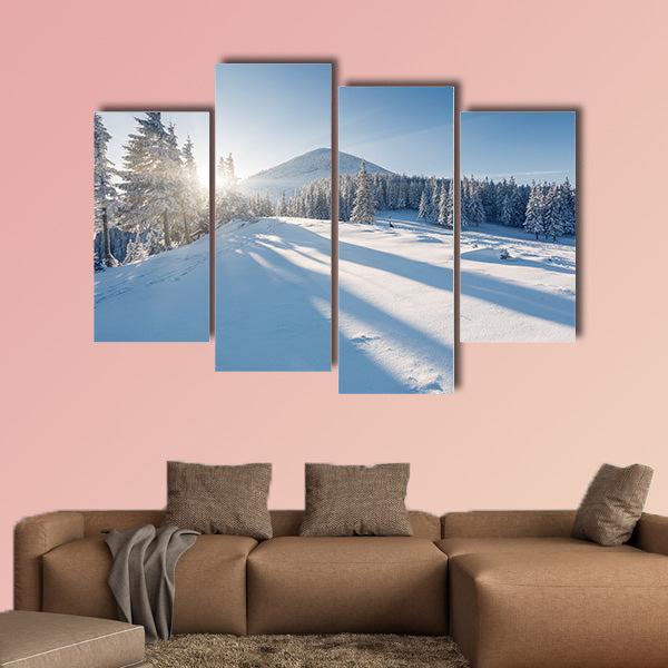 A frosty and sunny day is in mountains multi panel canvas wall art