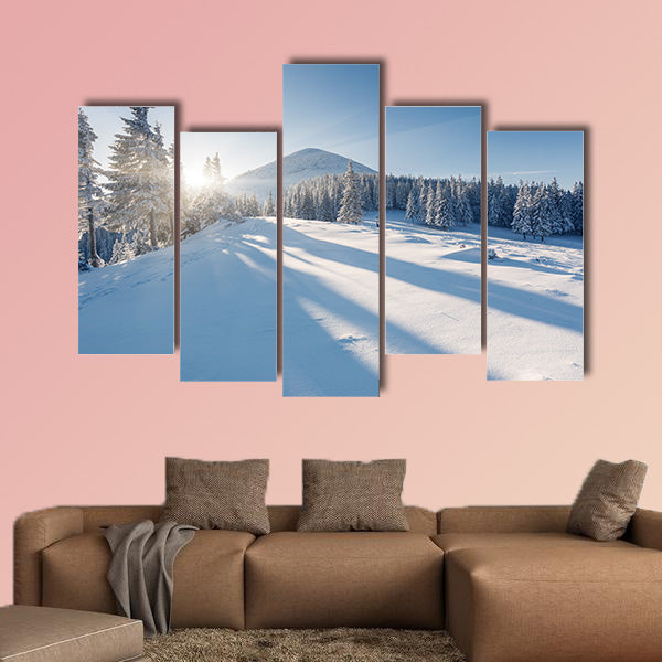 A frosty and sunny day is in mountains multi panel canvas wall art