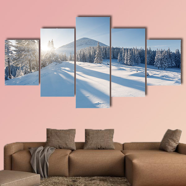 A frosty and sunny day is in mountains multi panel canvas wall art