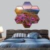 pink rhododendron flowers on summer mountain hexagonal canvas wall art