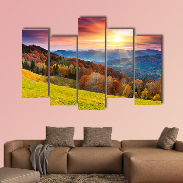The mountain autumn landscape with colorful forest Multi panel canvas wall art