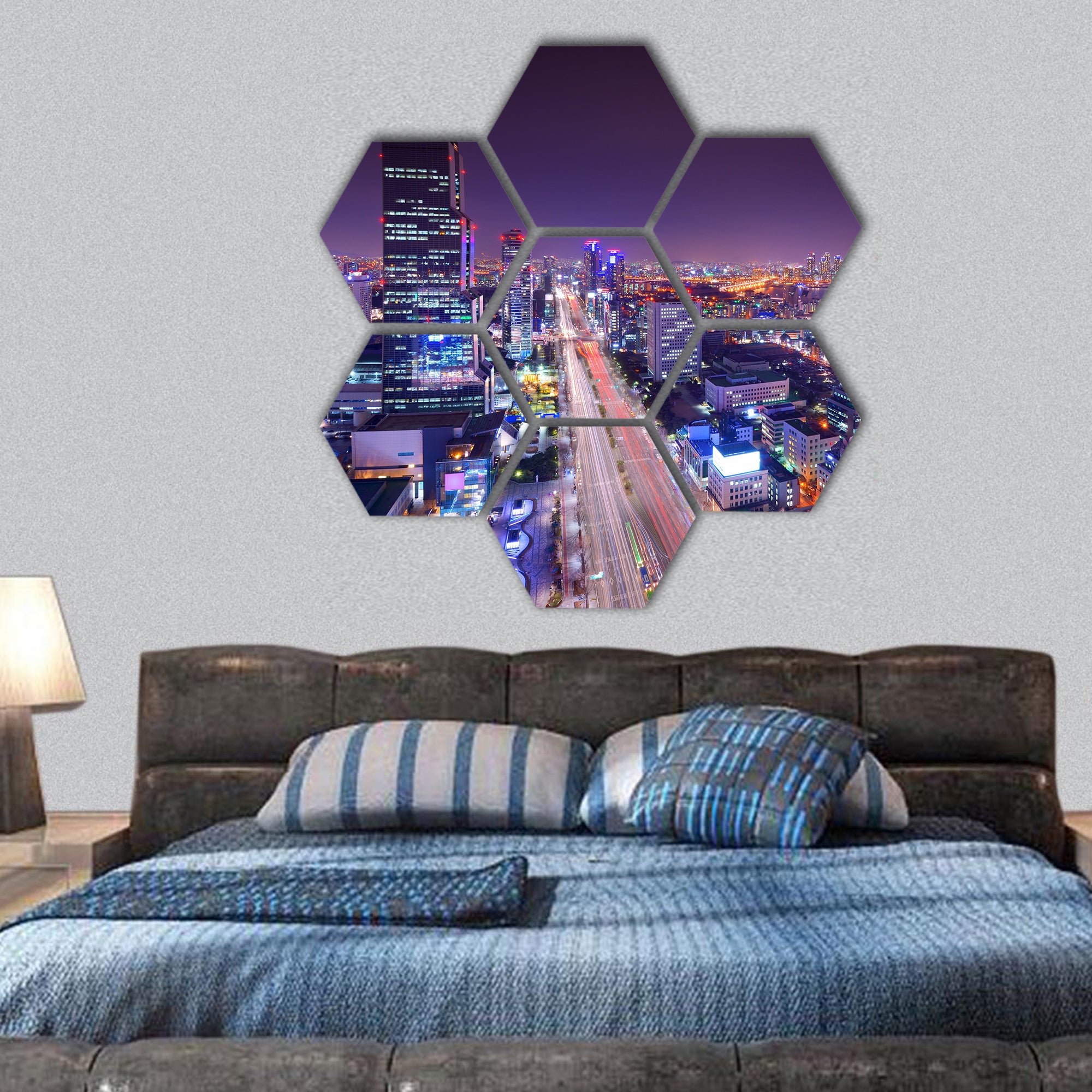 Gangnam District, Seoul, South Korea skyline at night hexagonal canvas wall art
