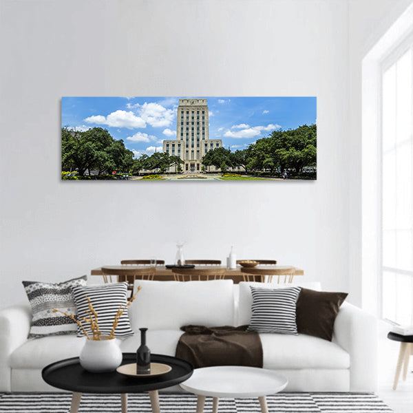 Houston City Hall with Fountain and Flag panoramic canvas wall art