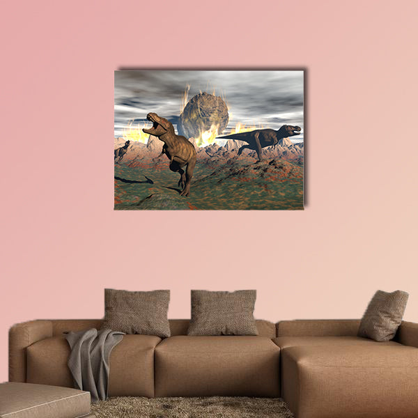 Tyrannosaurus dinosaurs escaping or dying because of heat and fire multi panel canvas wall art