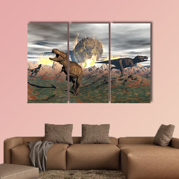 Tyrannosaurus dinosaurs escaping or dying because of heat and fire multi panel canvas wall art