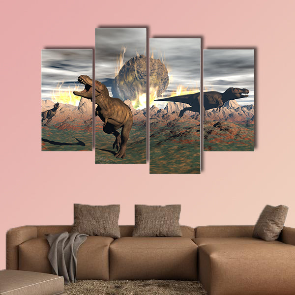 Tyrannosaurus dinosaurs escaping or dying because of heat and fire multi panel canvas wall art