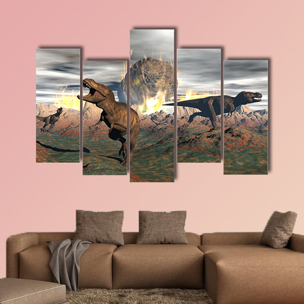 Tyrannosaurus dinosaurs escaping or dying because of heat and fire multi panel canvas wall art