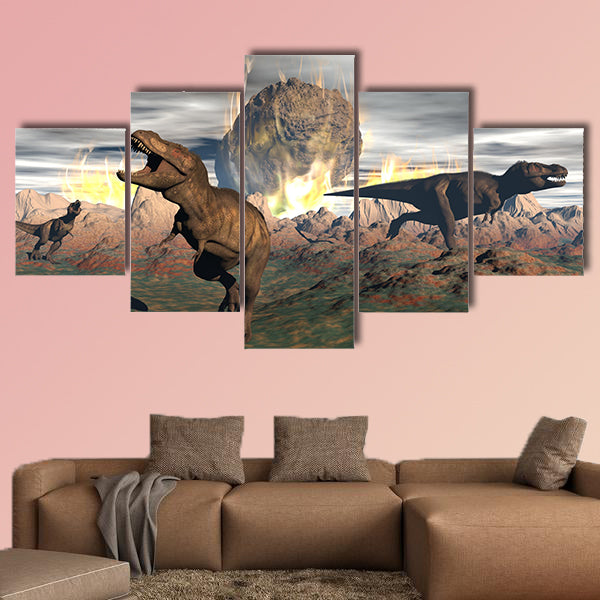 Tyrannosaurus dinosaurs escaping or dying because of heat and fire multi panel canvas wall art
