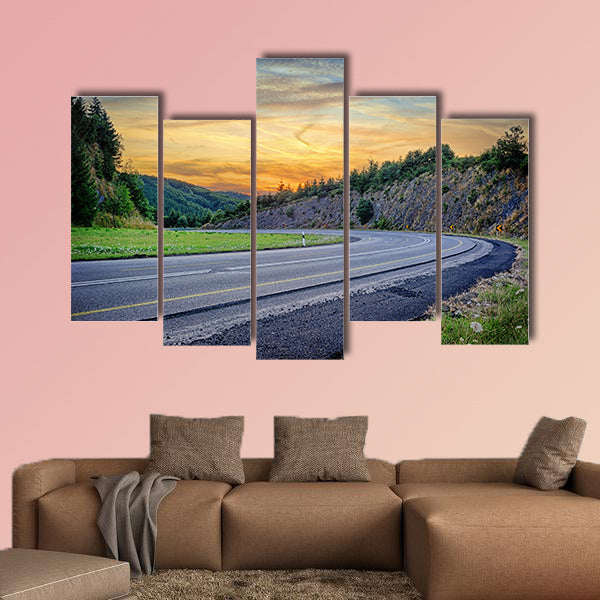  Landscape with curvy road at summer sunset multi panel canvas wall art
