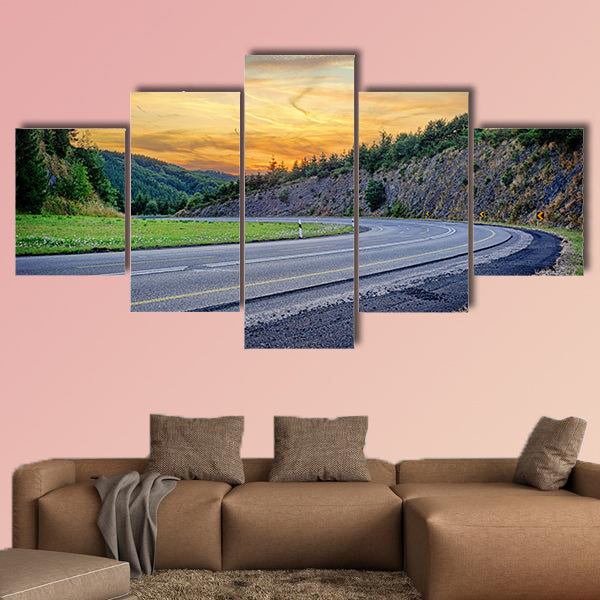  Landscape with curvy road at summer sunset multi panel canvas wall art