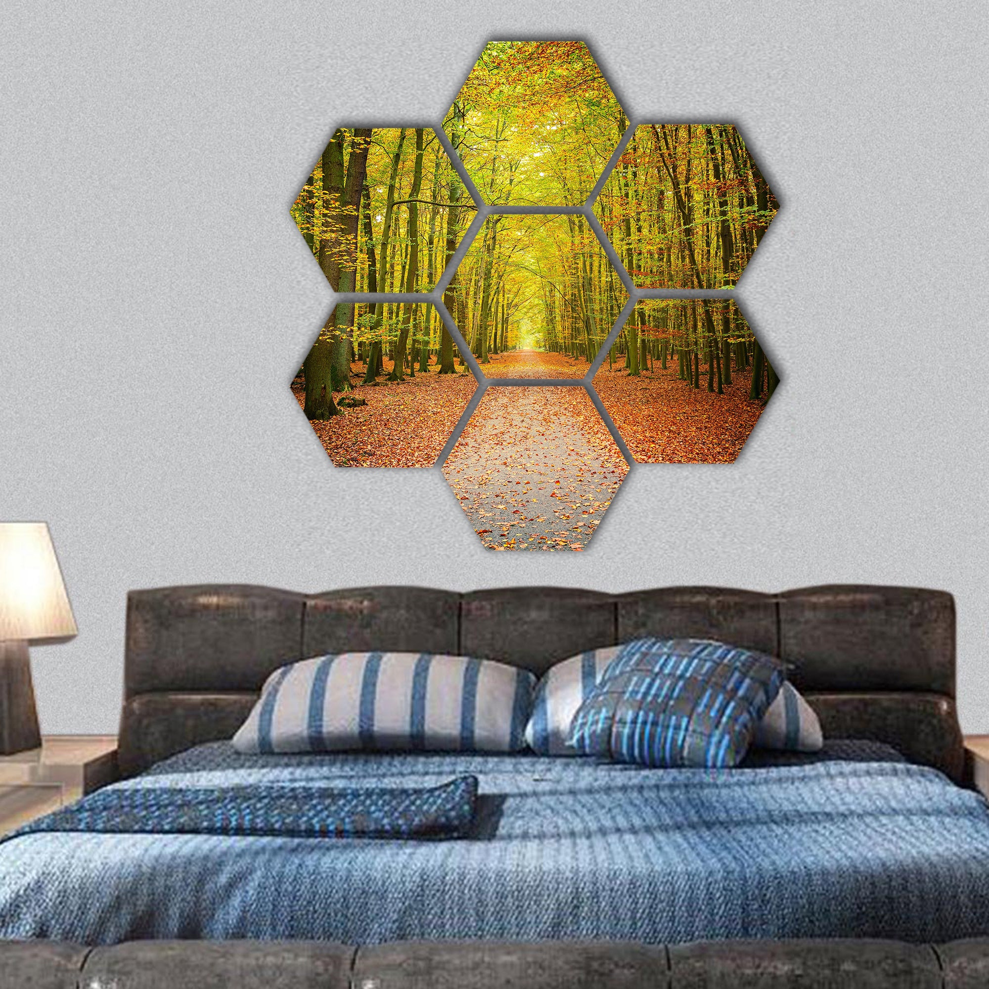 Pathway in the autumn forest hexagonal canvas wall art