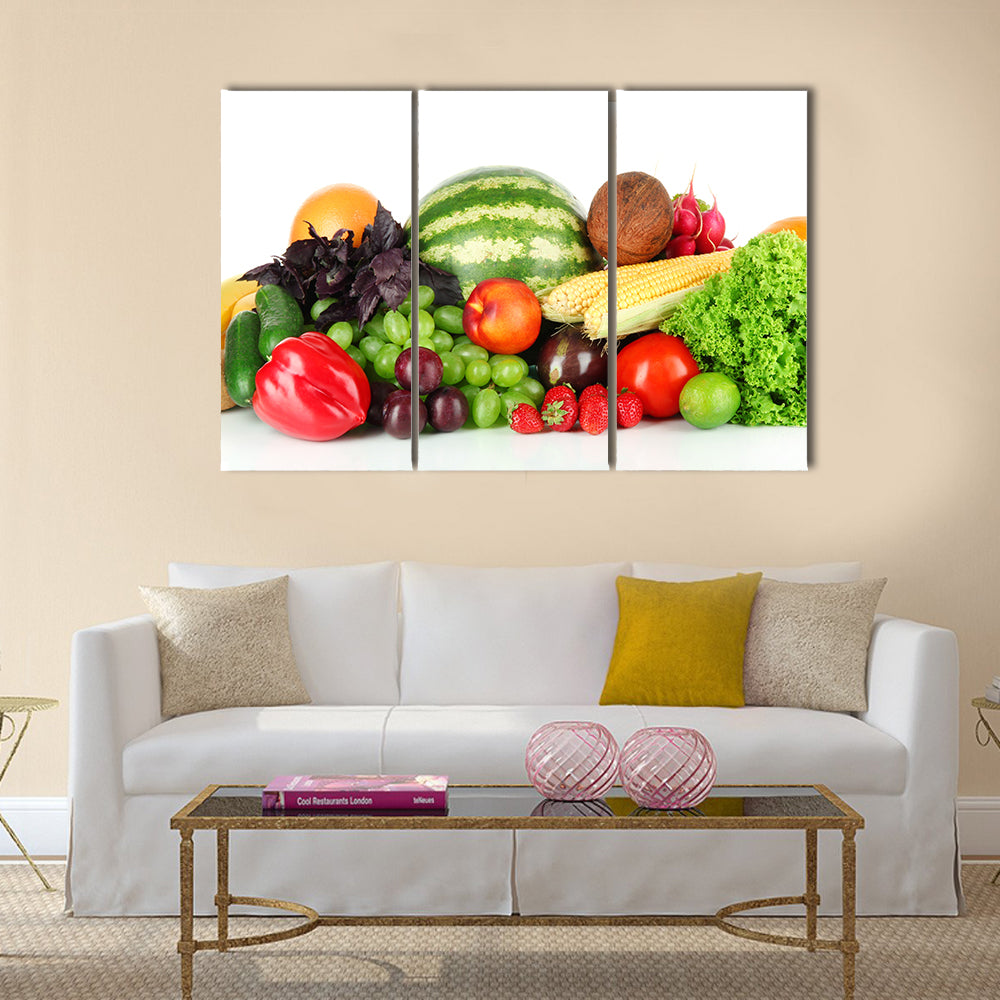 Different fruits and vegetables isolated on white Multi panel canvas wall art