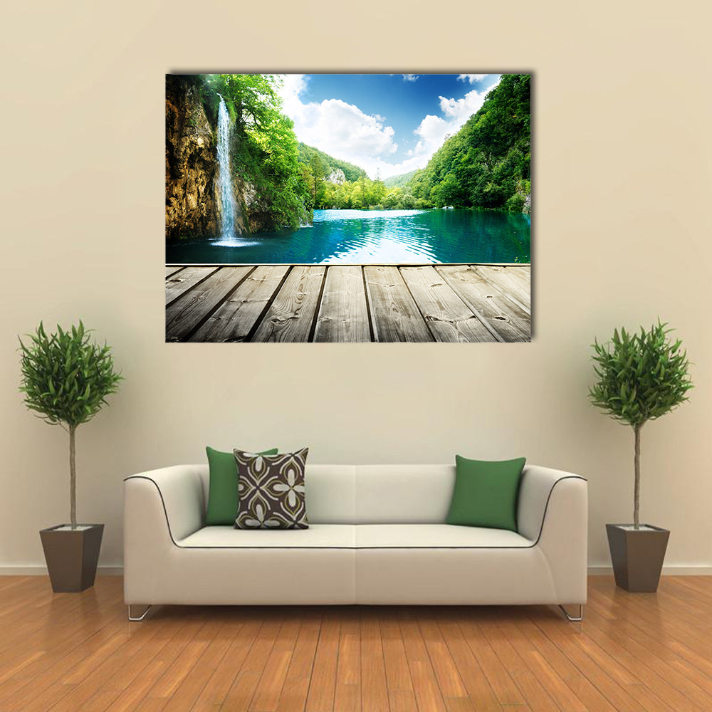 waterfall in deep forest of croatia and wood pier multi panel canvas wall art