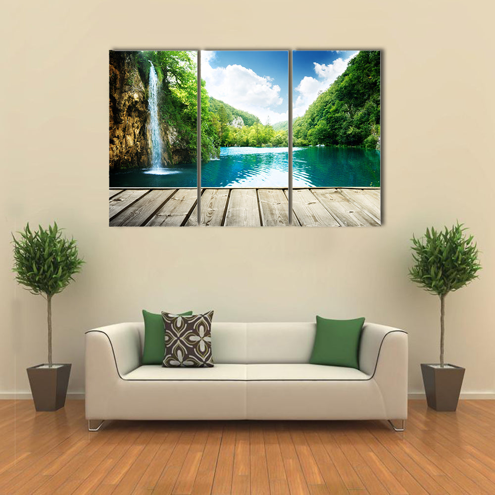 waterfall in deep forest of croatia and wood pier multi panel canvas wall art