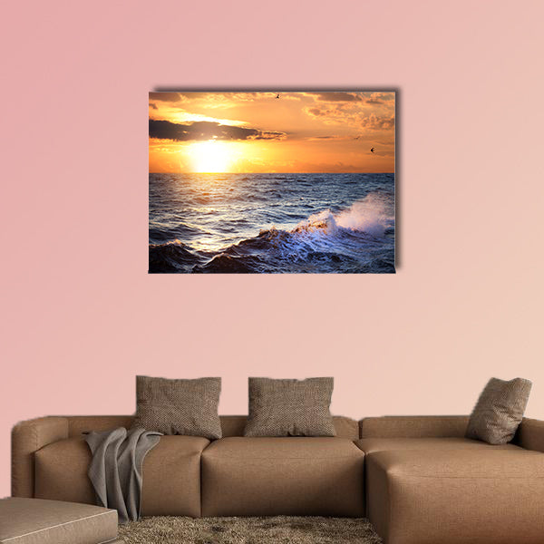 Stormy sea with sundown, clouds and birds multi panel canvas wall art