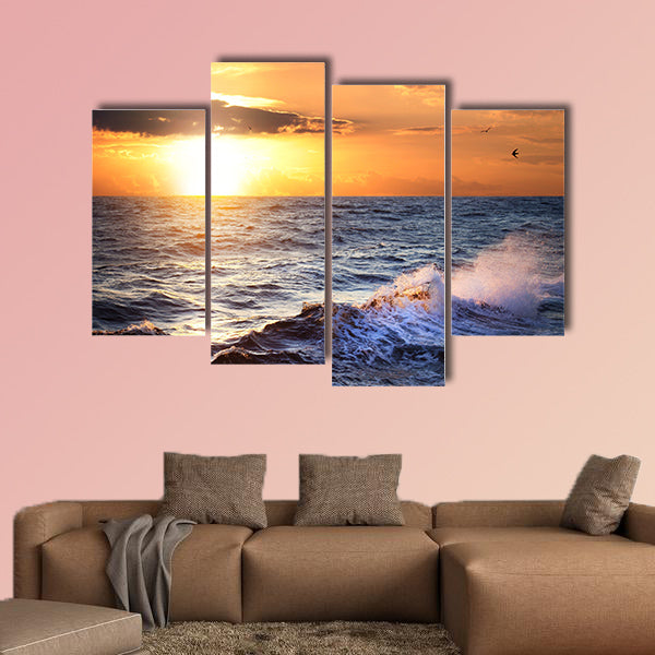 Stormy sea with sundown, clouds and birds multi panel canvas wall art