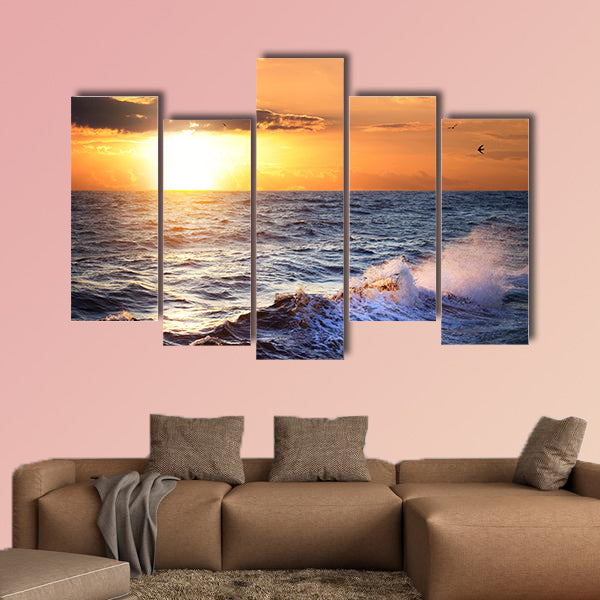Stormy sea with sundown, clouds and birds multi panel canvas wall art