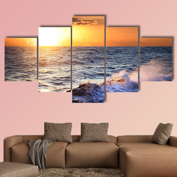 Stormy sea with sundown, clouds and birds multi panel canvas wall art