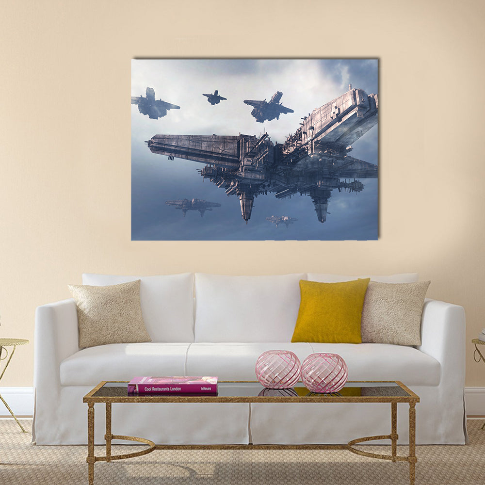 3D UFO Pursued By Military Jets Multi Panel Canvas Wall Art