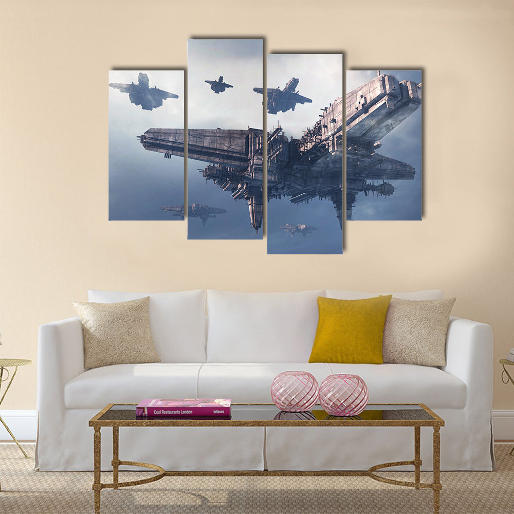 3D UFO Pursued By Military Jets Multi Panel Canvas Wall Art