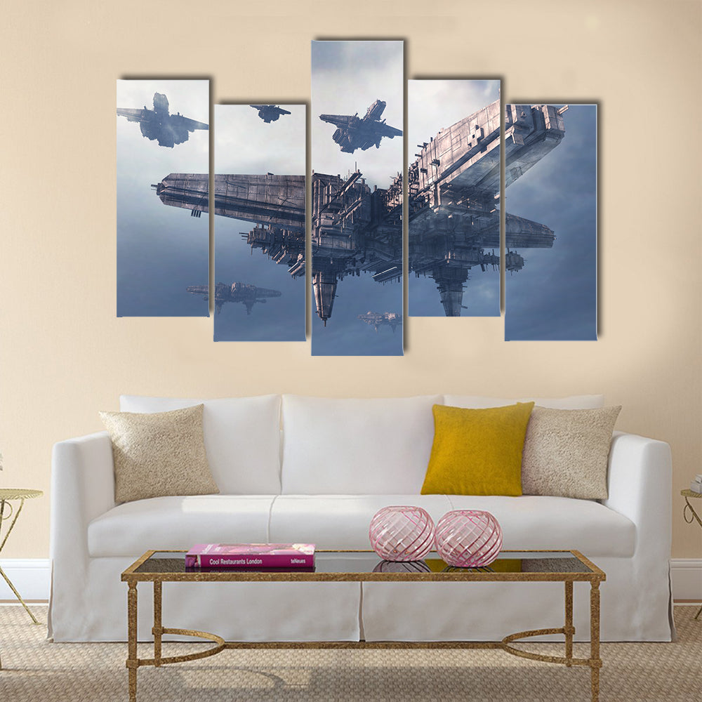 3D UFO Pursued By Military Jets Multi Panel Canvas Wall Art
