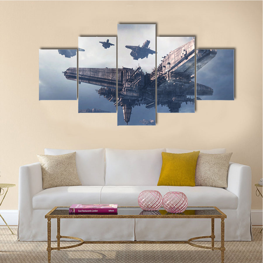 3D UFO Pursued By Military Jets Multi Panel Canvas Wall Art