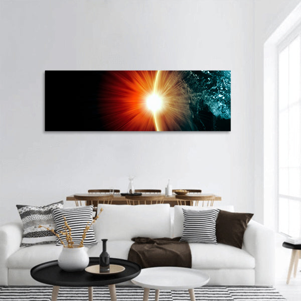 Planet Earth with appearing sunbeam light panoramic canvas wall art
