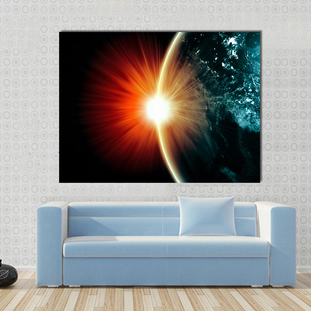 Planet Earth with appearing sunbeam light Multi Panel Canvas Wall Art