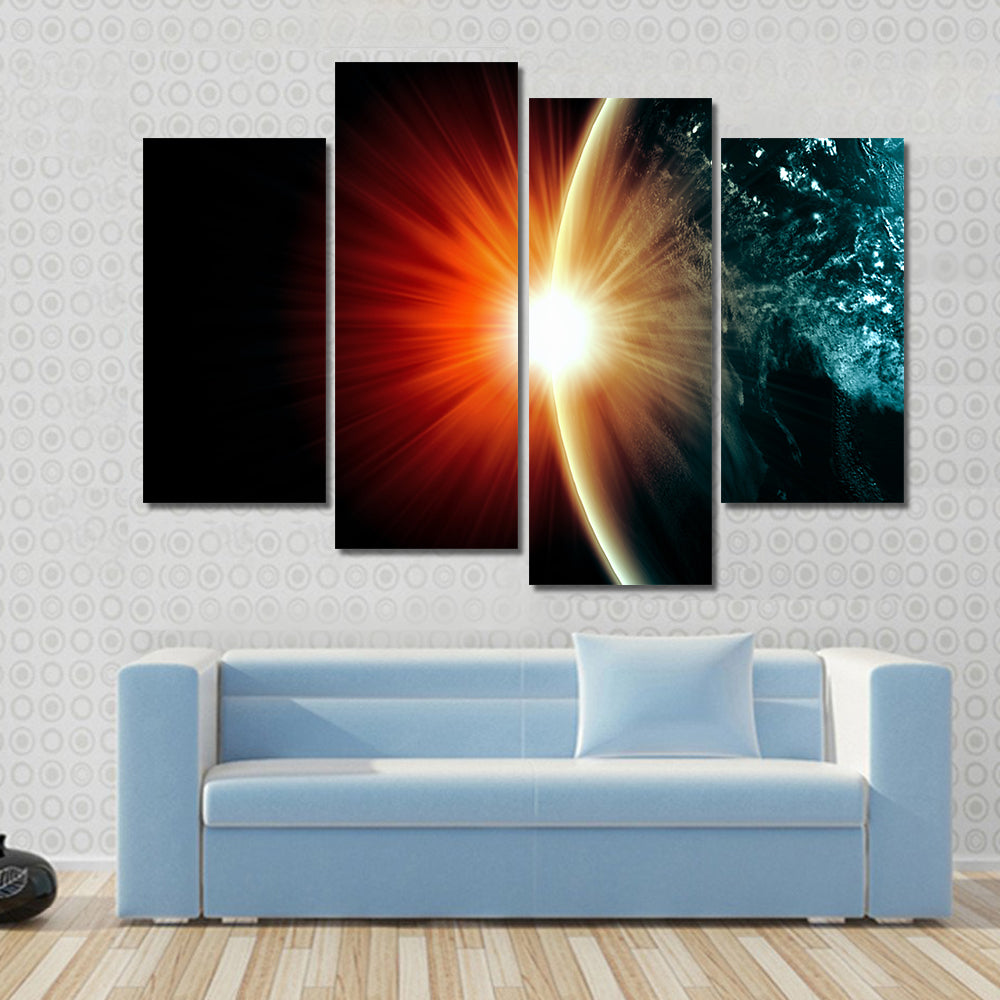 Planet Earth with appearing sunbeam light Multi Panel Canvas Wall Art