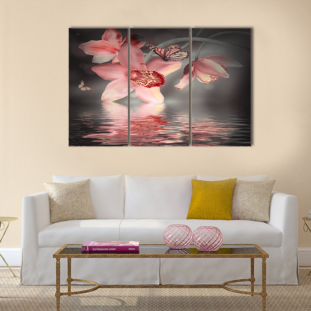 Orchids with a butterfly on the coloured background Multi Panel Canvas Wall Art