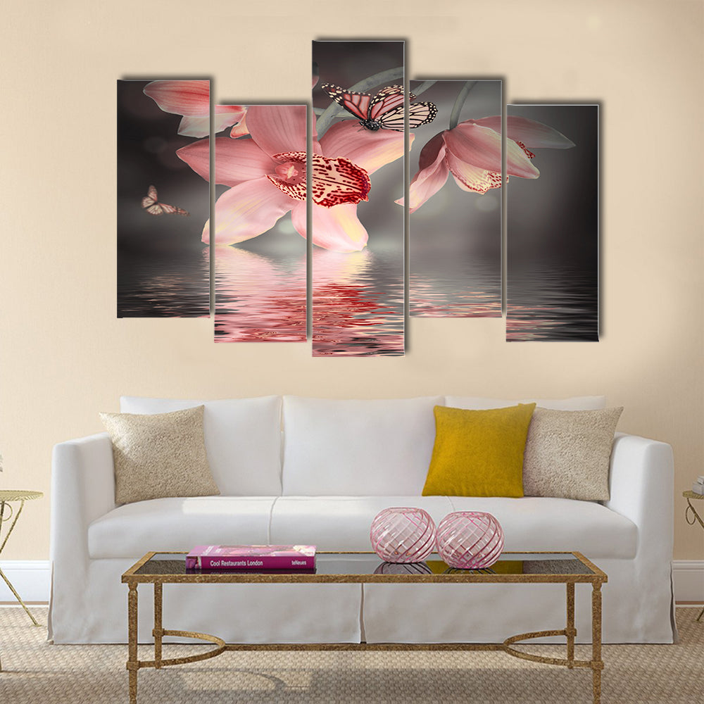 Orchids with a butterfly on the coloured background Multi Panel Canvas Wall Art