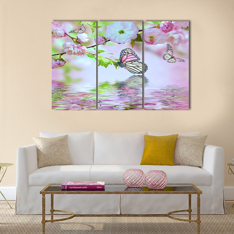Pink flower of an Oriental cherry in and butterfly Multi Panel Canvas Wall Art