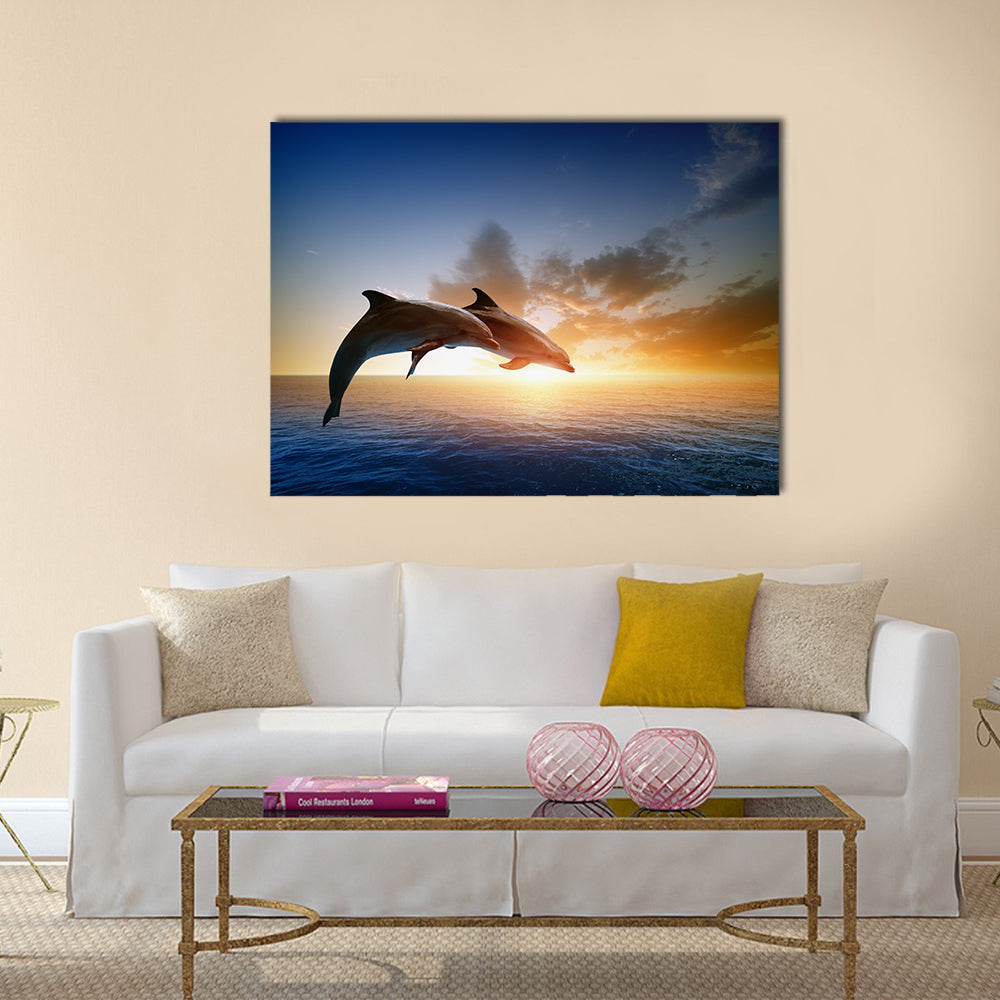 Couple jumping dolphins, beautiful sea sunset Multi Panel Canvas Wall Art