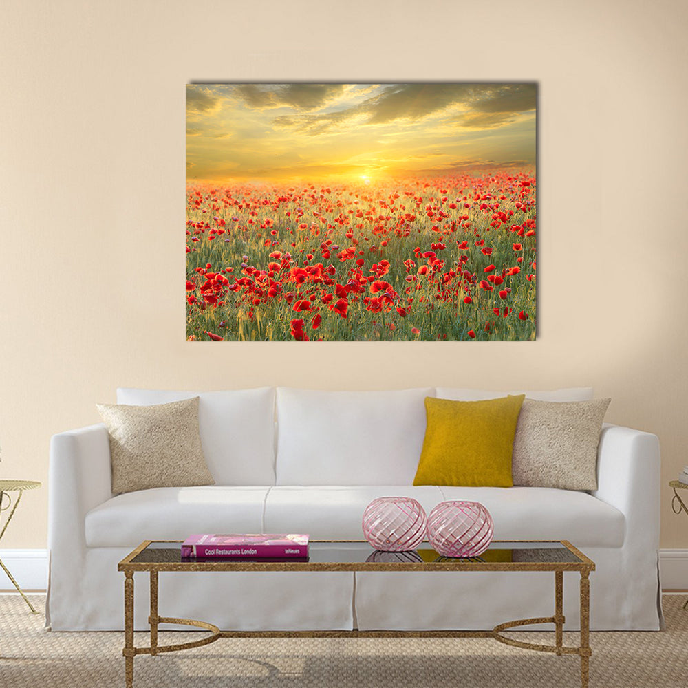Poppy filed on sunset sky background Multi Panel Canvas Wall Art
