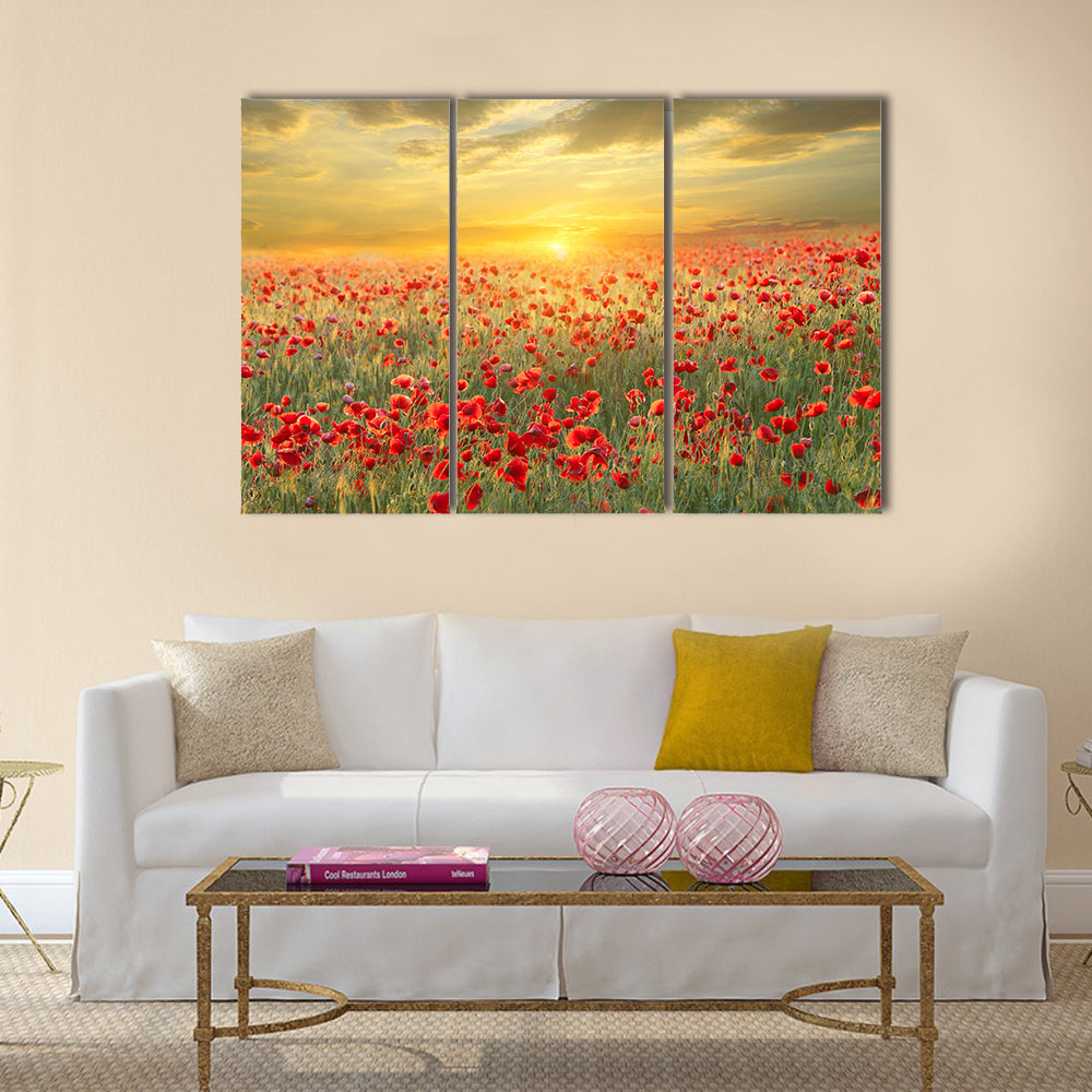 Poppy filed on sunset sky background Multi Panel Canvas Wall Art