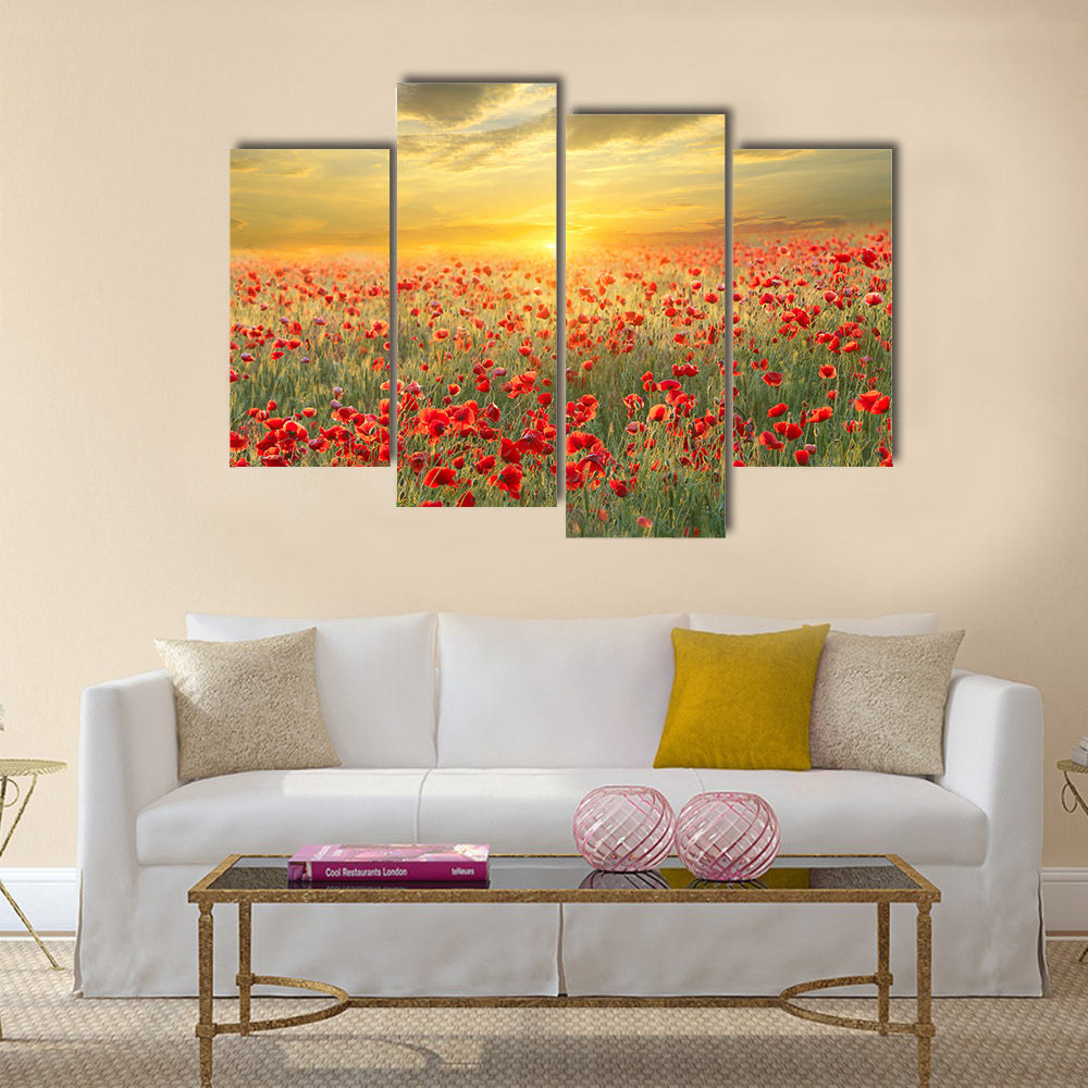 Poppy filed on sunset sky background Multi Panel Canvas Wall Art