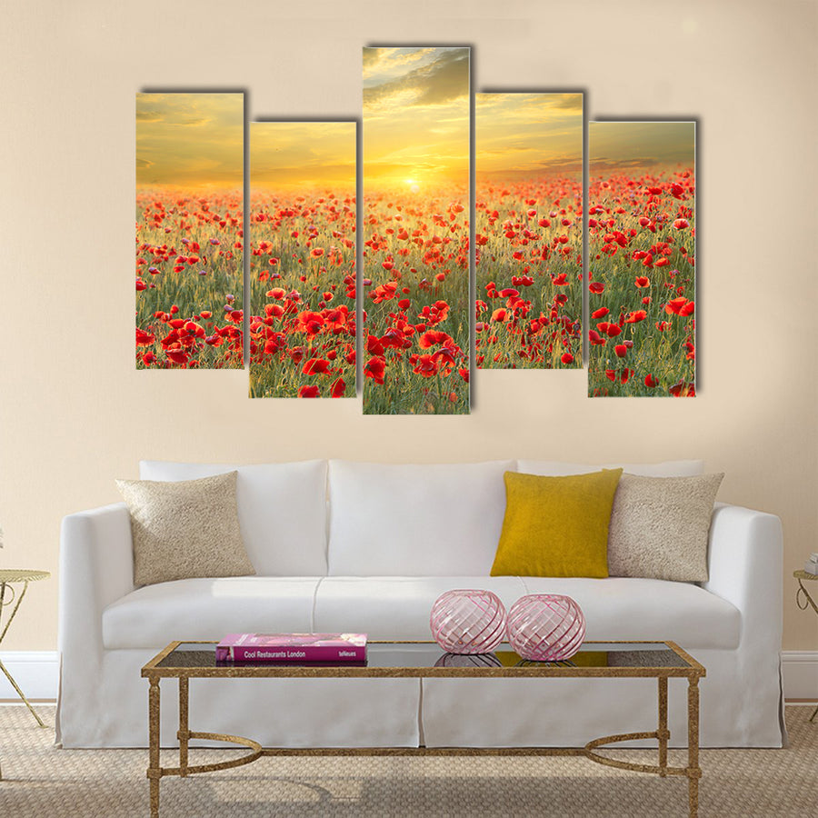 Poppy filed on sunset sky background Multi Panel Canvas Wall Art