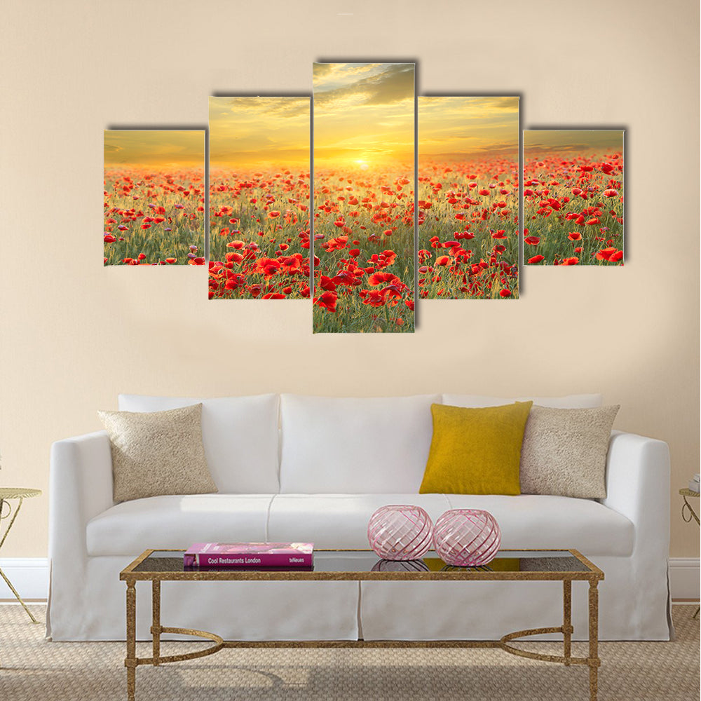 Poppy filed on sunset sky background Multi Panel Canvas Wall Art
