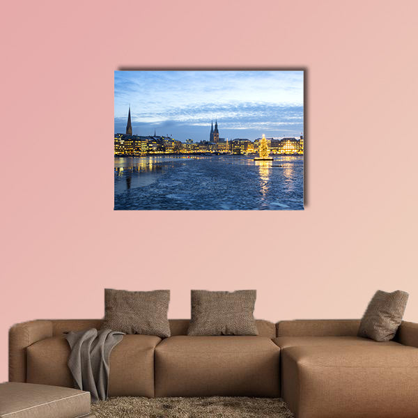 The Hamburg Alster Lake with ice and Christmas tree in Advent wall art