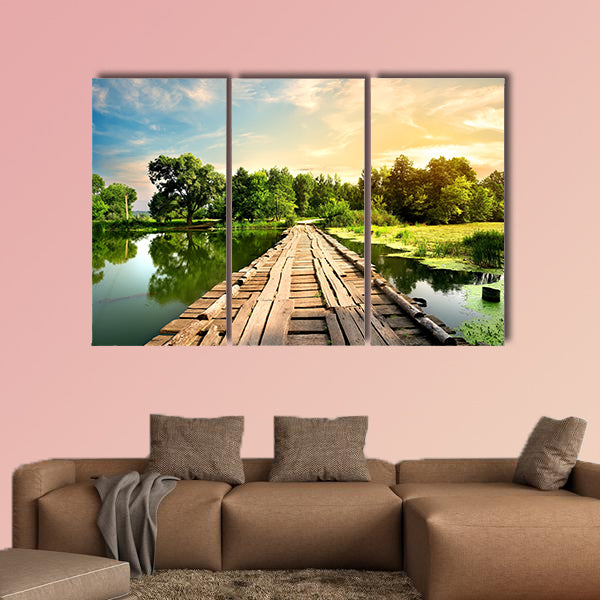 Old bridge over the river in the countryside multi panel canvas wall art