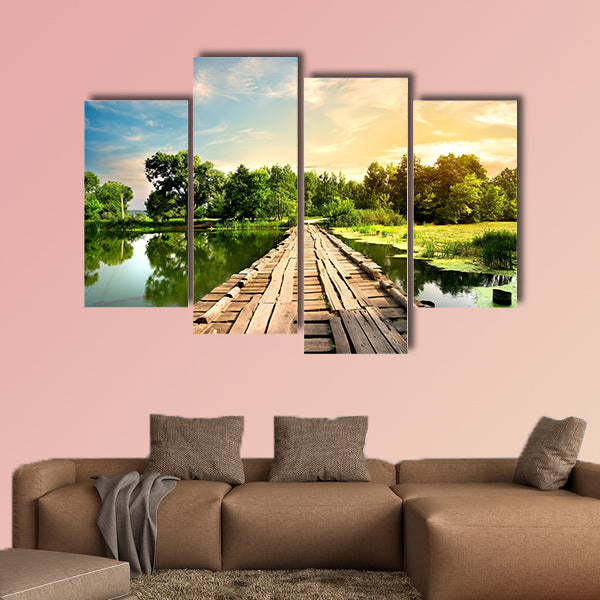 Old bridge over the river in the countryside multi panel canvas wall art