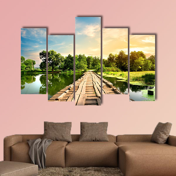 Old bridge over the river in the countryside multi panel canvas wall art