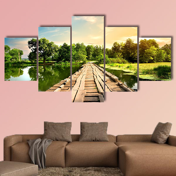 Old bridge over the river in the countryside multi panel canvas wall art
