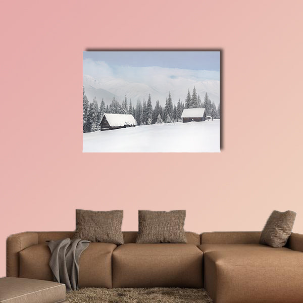 Old farm in the mountains at winter Multi panel canvas wall art