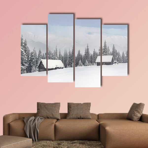 Old farm in the mountains at winter Multi panel canvas wall art