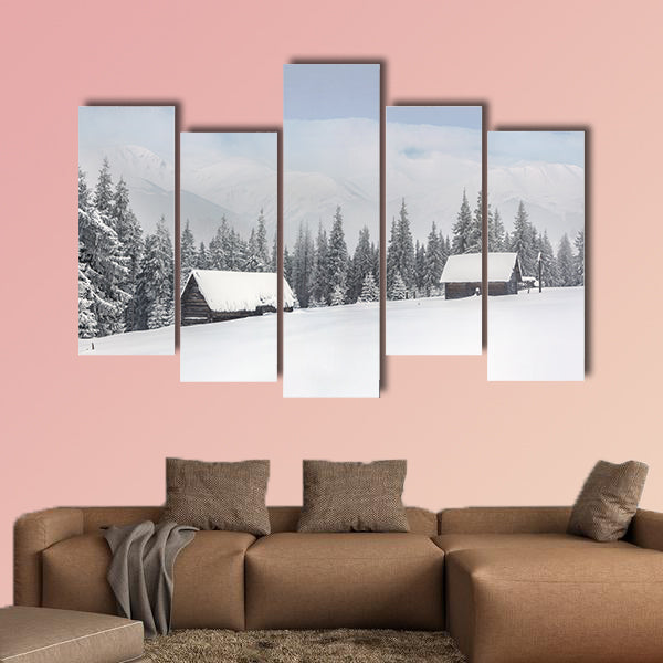 Old farm in the mountains at winter Multi panel canvas wall art